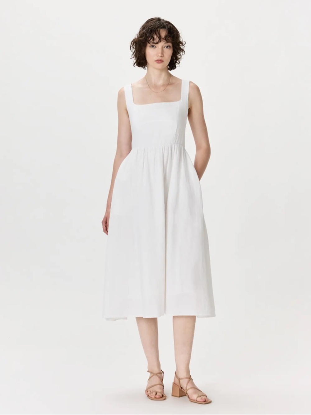 Quince Cream-White Linen Midi Dress with Square Neck